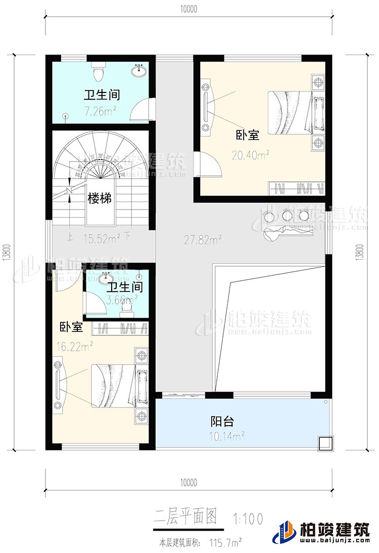 二層：2臥室，內衛(wèi)，公衛(wèi)，樓梯，陽臺