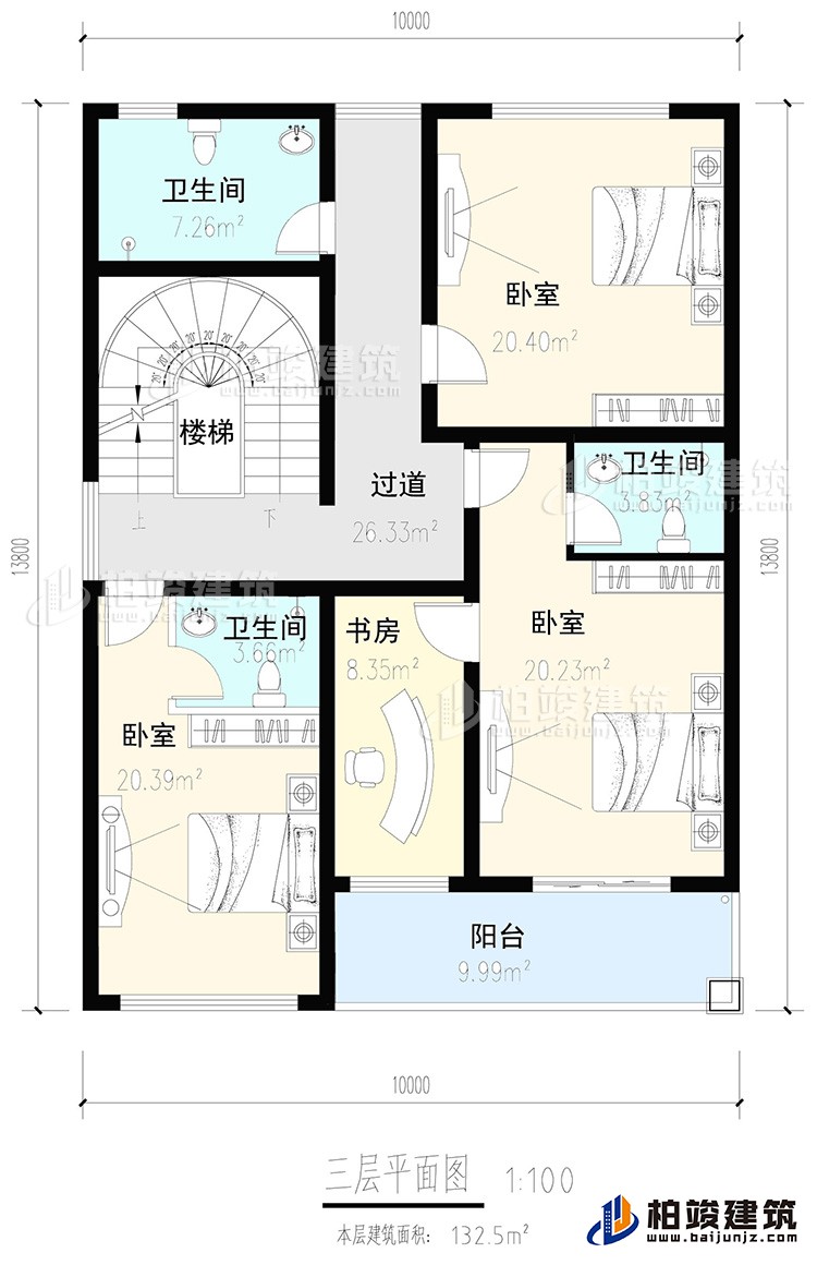 三層：3臥室，2內衛(wèi)，公衛(wèi)，樓梯，書房，陽臺