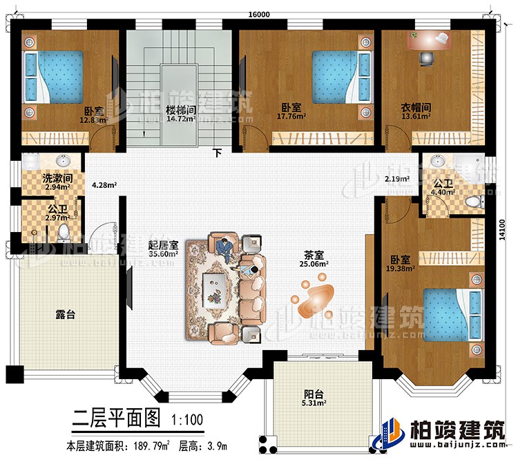 二層：樓梯間、起居室、茶室、3臥室、衣帽間、洗漱間、公衛(wèi)、內(nèi)衛(wèi)、陽臺(tái)、露臺(tái)